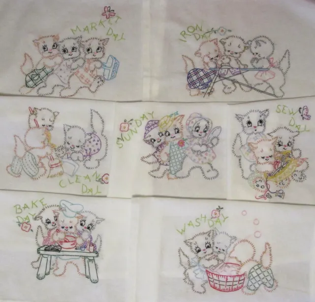 Hand embroidered flour sack dish towels. Busy Little Kittens motif. Set of 7