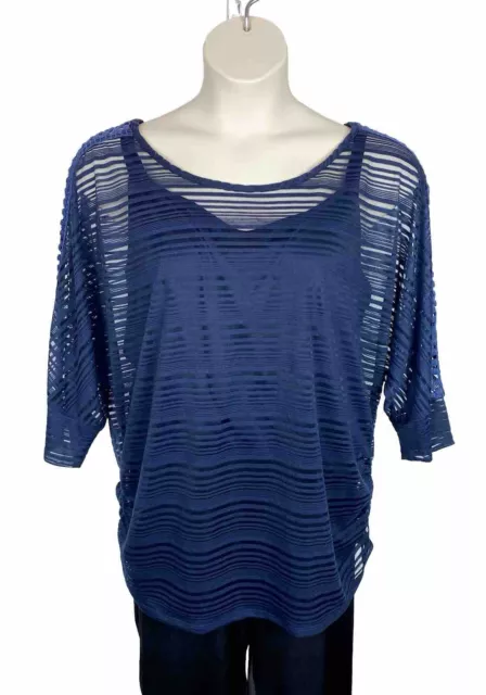 AGB Plus Size 1X Blouse Blue Semi-Sheer Lined Blouse Plus Tank Top 3/4 Dolman