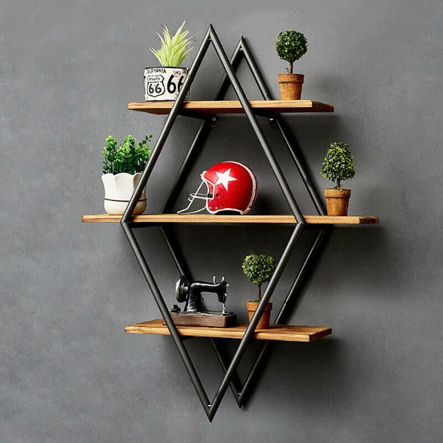 3 Tier Rustic Wood Shelves Geometric Metal Frame Wall Rack Home Office Display