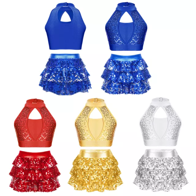Kids Girl's Dance Outfits Sleeveless Crop Top With Skirt Keyhole Back Shiny