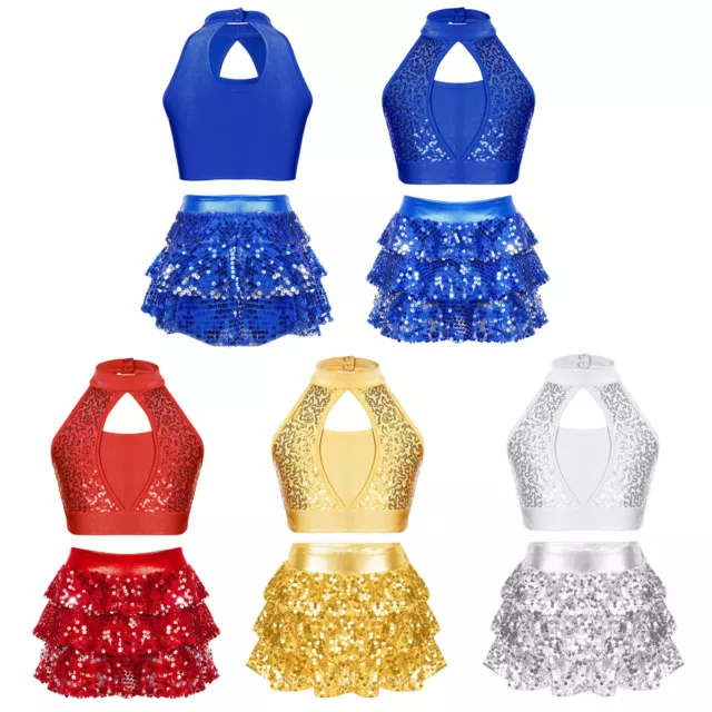 UK Kids Girls Sequins Halter Neck Tank Top Crop Top with Tiered Ruffle Culottes