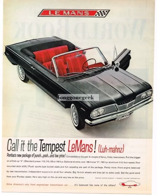 1961 PONTIAC Tempest Le Mans Black Convertible Red Interior VINTAGE Print Ad