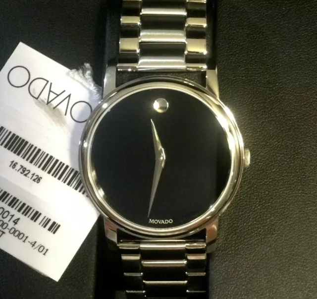 NWT MEN'S MOVADO CLASSIC BLACK MUSEUM DIAL WATCH Swiss All Stainless w/ Boxes