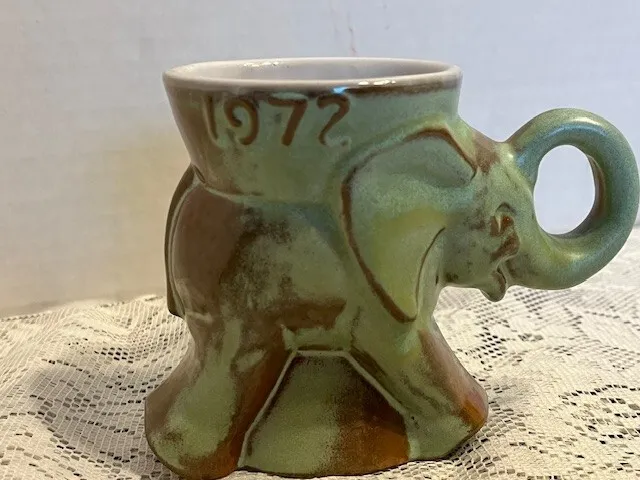 Vintage 1972 Frankoma Mug Green Elephant GOP Republican Political Pottery Cup