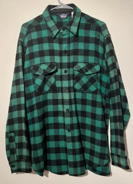 Vintage Woolrich Flannel Shirt Mens Large Green Buffalo Plaid Wool