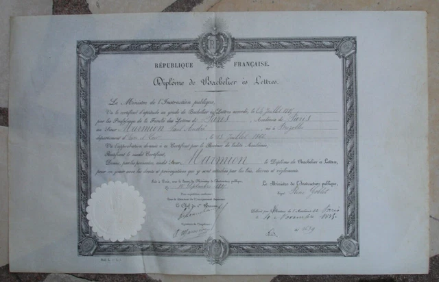 ANCIEN DIPLÔME DE Bachelier es Lettres, Ministre Abel François