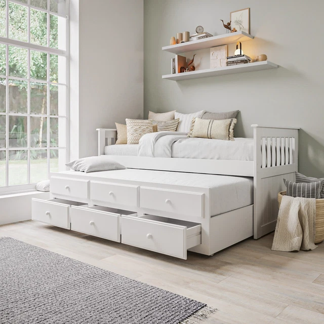 SINGLE BED WHITE Wooden with Trundle Bed and 3 Storage Drawers £329.92