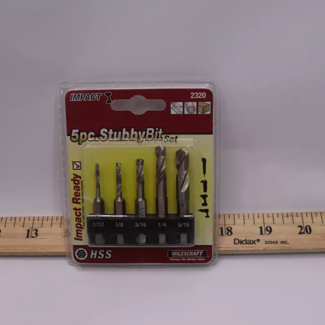 (5-Pk) Milescraft Stubby Bit Set HSS Silver 3/32 1/8 3/16 1/4 5/16 2320