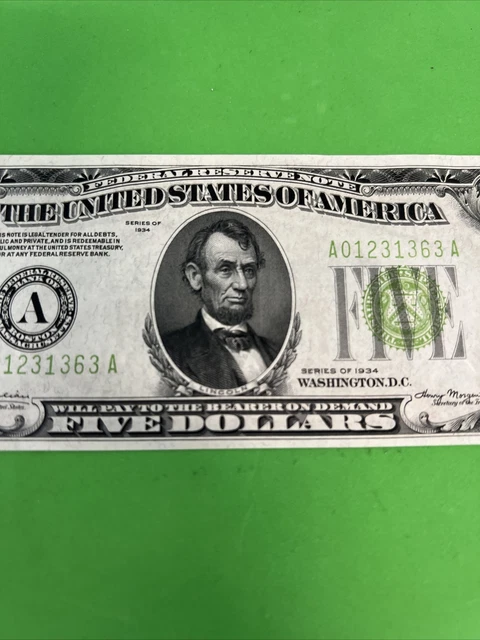 Unc 1934 $5 Lgs Frn Light Green Seal Federal Reserve Note Paper Money(N63) 3