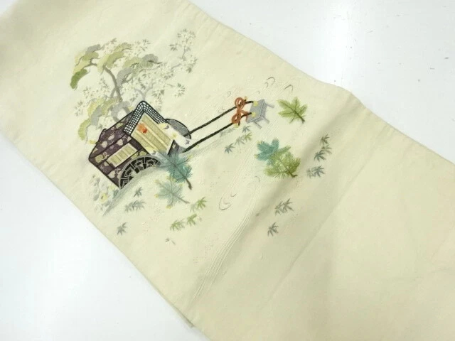42829# Japanese Kimono / Antique Fukuro Obi / Embroidery / Carriage & Sakura