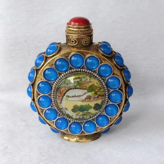 Perfect China Copper Hand-painted Qingming Shanghe Garden Snuff Bottle Y52