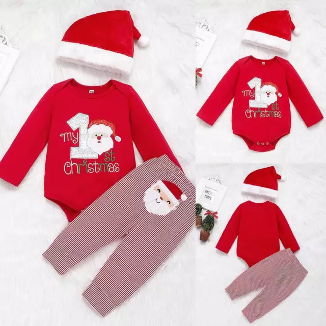 Baby Boy My First Christmas Outfit Suit Hat Romper Pants Set Santa Claus Clothes