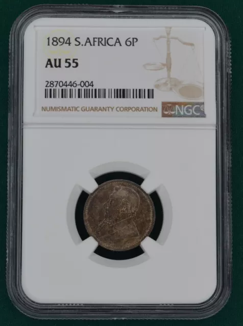 1894 South Africa Silver 6 Pence Graded by NGC as AU 55