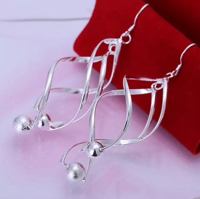 Womens Sterling Silver Bead Ball Twisted Spiral Long Drop Dangle Earrings #EA58