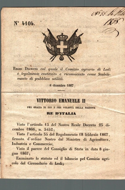 Regio Decreto il comizio Agrario di Lodi riconosciuto pubblica utilità 1867