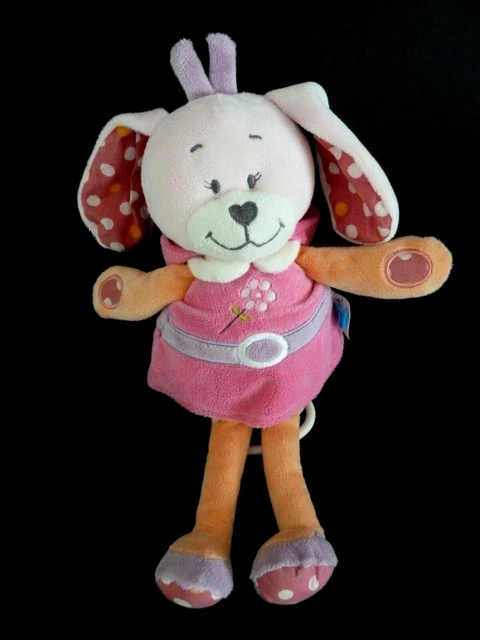 E6- DOUDOU PELUCHE MUSICAL TEX BABY LAPIN ROBE CAPUCHE ROSE ORANGE 28cm TTBE
