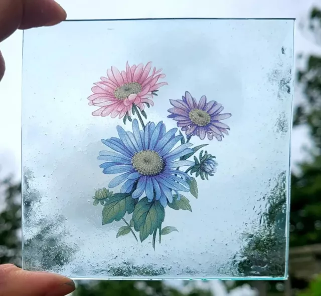 Stained glass Michaelmas Daises flower  permanent kiln fired 10 cm x 10 cm