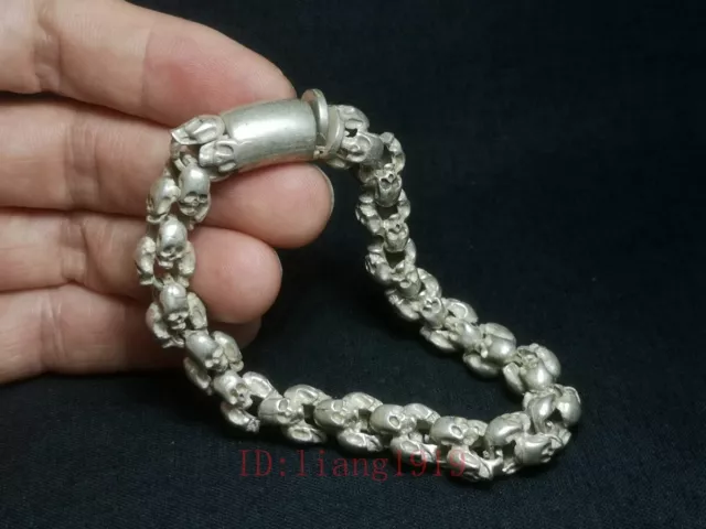 Old Chinese Tibet Silver Handmade skull Hand Catenary Bracelet Exquisite gift