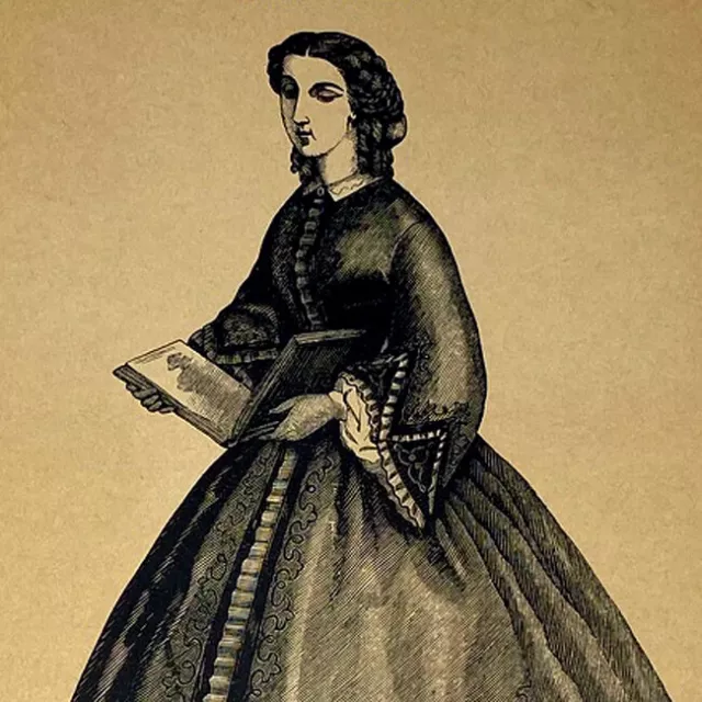 Victorian 1870s Woman Fashion Parma Violet Silk Dress Illustration Godey's Lady