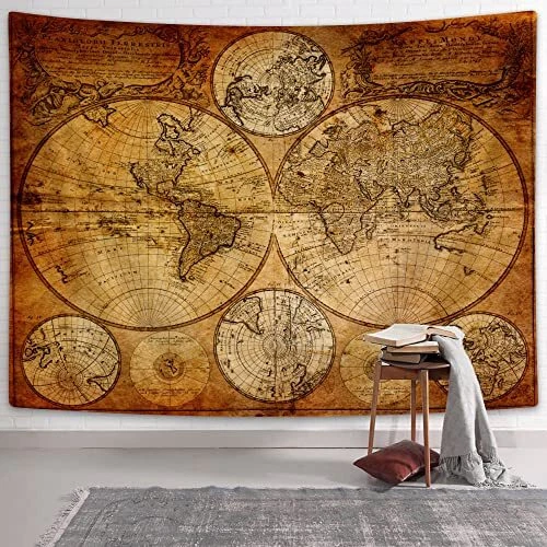 Old World Map Tapestry Wall Hanging for Guys, Vintage Pirate Map