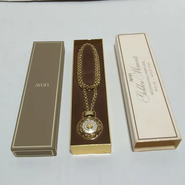 1971 AVON MOONWIND Perfume Bottle Pendant Pocket Watch Necklace Gold Tone Chain