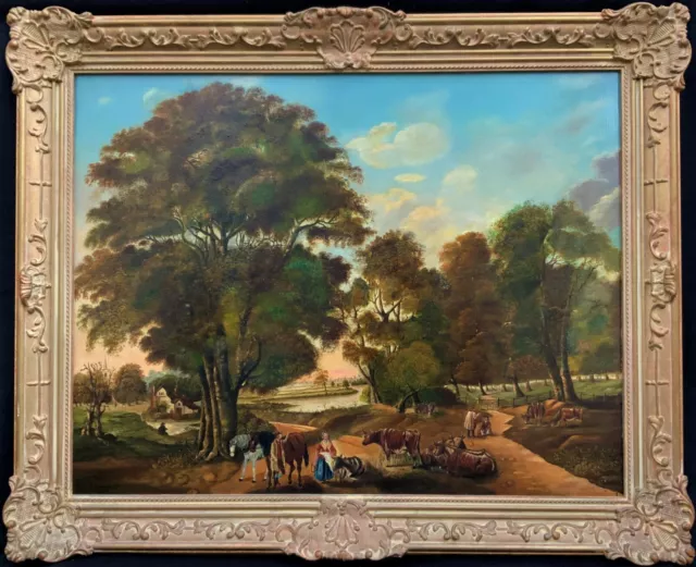 Beautiful Large Original 19th Century Continental Farming Landscape Oil Painting