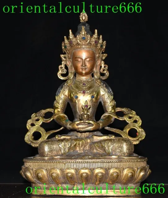 12"Tibet Buddhism temple Bronze gilt Gem longevity God Goddess Buddha Statue