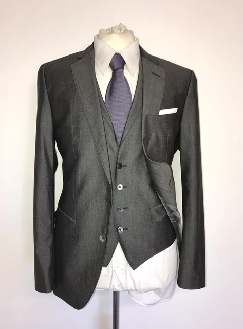 HUGO BOSS - 3 Pezzi Slim Grigio Lana & Seta Abito - 36 Reg - W32 L32 -consumato