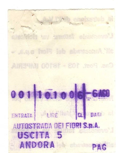RICEVUTA BIGLIETTO AUTOSTRADA Dei Fiori Casello Di Savona 2-92 EUR 1,99 ...