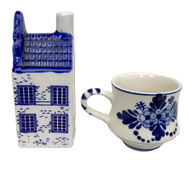 Vtg Delft Blue ELESVA CANAL Holland Ceramic House Bottle R24 & Tea Cup Windmill