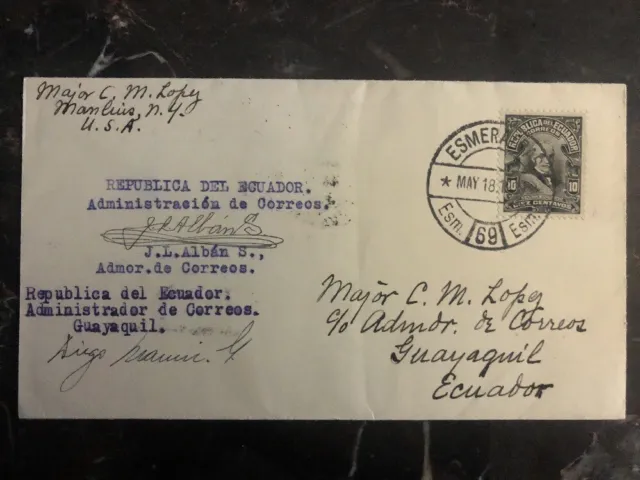 1929 Esmeraldas Ecuador First Flight cover FFC to Guayaquil Postmaster Signed