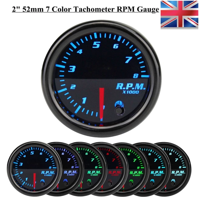 2'' 52MM REV Counter 08000 RPM Tachometer Tacho Gauge Meter 7 Colour