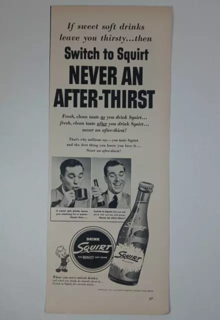 1950's SQUIRT Soft Drink Soda Drink After Thirst Man Slim Vintage Print Ad