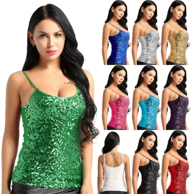 Damen Pailletten Shirt Sparkle Glitzer Weste Tops Sexy Karneval Fasching Kostüm