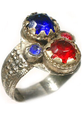 18thC Crimean Tatars Silver Ring Ruby Red Sapphire Blue Glass "Gemstones" Sz 11½