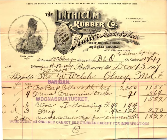 The Linthicum Rubber Co Baltimore MD 1907 Graphic Billhead Rubber Boots & Shoes