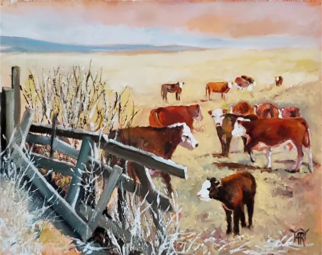 YARY DLUHOS Cows Bull Cattle Animal Western Ranch Farm Original Art Oil Painting