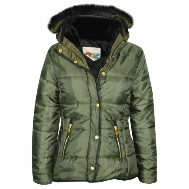 Kids Girls Puffer Quilted Coat Faux Fur Collar Olive Hooded Thick Warm Jacket