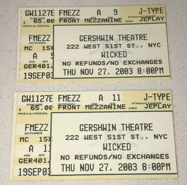 Wicked Gershwin Theatre Broadway Show NYC Play Ticket Stub 11/2/03 EARLY RUN!