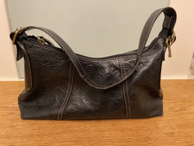 Black Leather Tooled Embossed Fossil Purse Shoulder Bag