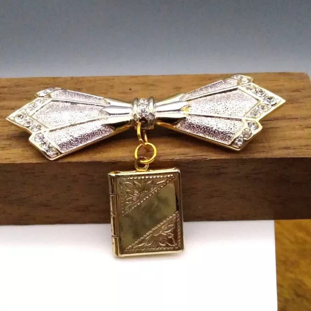 Vintage Schandra Elegant Bow Lapel Locket Pin, Designer Pendant Book Brooch