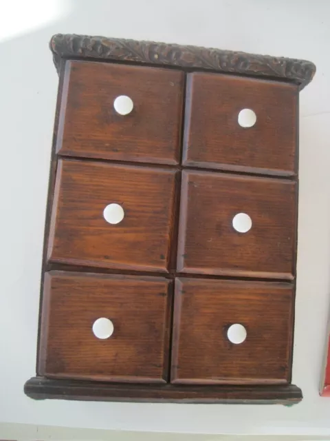 Early American Apothecary 6 Drawer Porcelain Handle Antique 10" x 13" x 4"