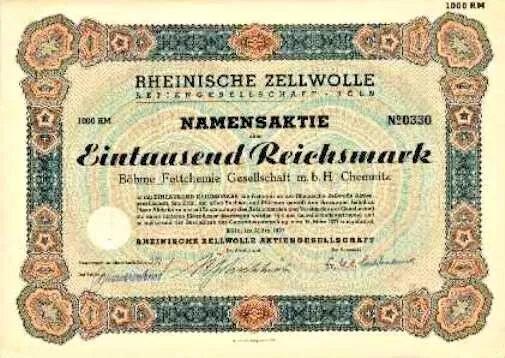 Rheinische Zellwolle AG Köln hist. Aktie 1937 Siegburg Chemie Faser Henkel BASF