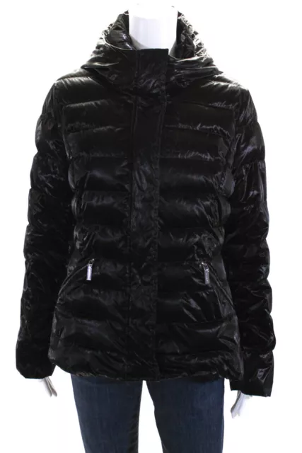 Dawn Levy Womens Shiny Hooded Down Filled Puffer Coat Black Size Medium