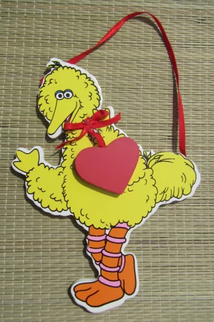 Vintage Sesame Street Big Bird Red Heart Jim Henson Wooden Christmas Ornament