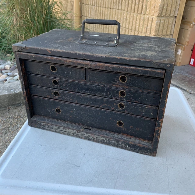 VTG BLACK WOOD Machinist Tool Box w/ 5 Drawers & Metal Handle Wooden