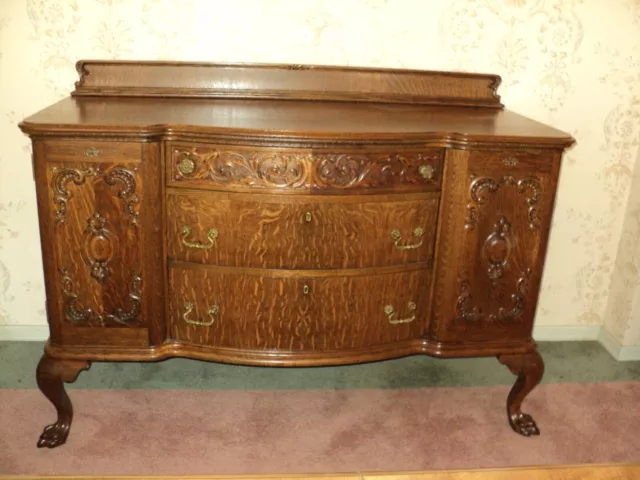 Antique Oak Ornate Claw Foot Buffet Sideboard,