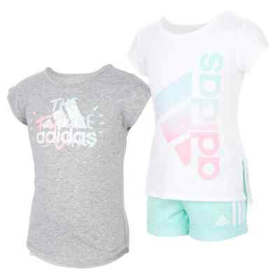 NWT Girl's Adidas 3 Piece Set Tee Shirts and Shorts Gray White Teal Size 4T