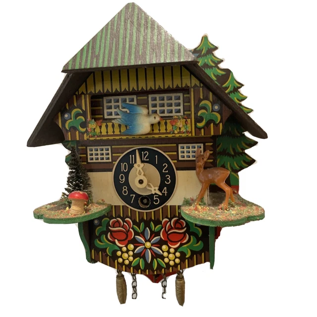 VINTAGE MINIATURE GERMAN Wind Up Cuckoo Clock Black Forest For Parts