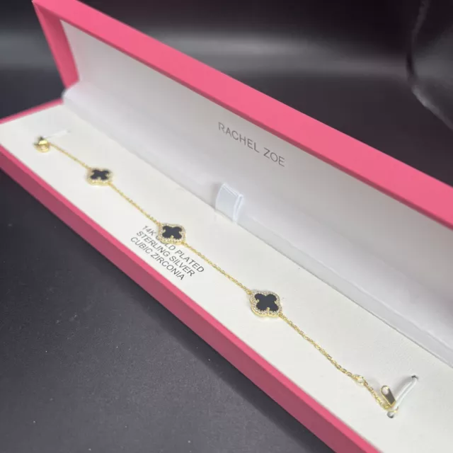 RACHEL ZOE CLOVER Sterling Silver Tri Black Onyx CZ 925 Gold Tone